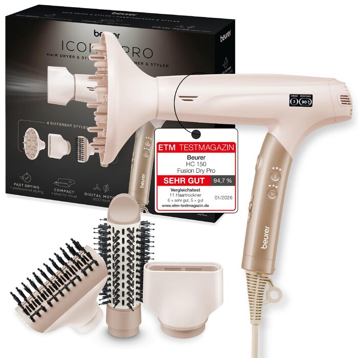Фен для волосся Beurer HC 150 FusionDry Pro з цифровим двигуном, іонізацією та набором з 4 насадок, складаний дорожній варіант