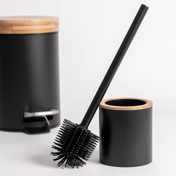 Торгова щітка для унітазу з тримачем з дерева | Силіконова щітка для унітазу з нержавіючої сталі | Тримач для щітки з натурального бамбука | Настільна щітка для ванної кімнати | Чорний колір