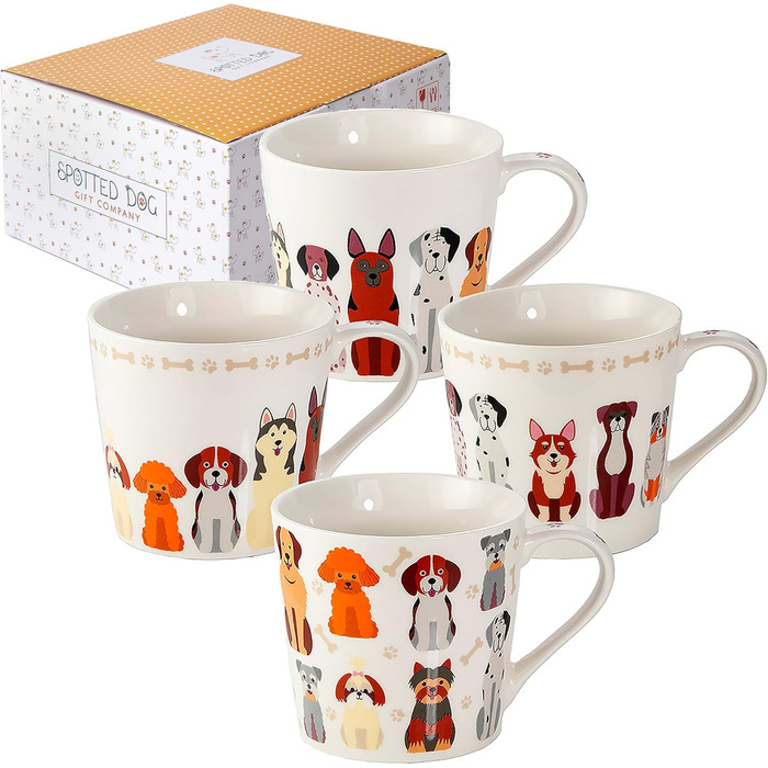 SPOTTED DOG GIFT COMPANY Coffee Mug with Dog Motif, Ceramic Mug Set, Cute Coffee Mugs, Dog Kitchen Accessories, Gifts for Dog Lovers, Dog Mom, 4 x 380ml