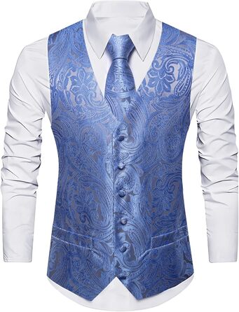 Костюмний жилет Barry.Wang чоловічий, 5-ти частинний комплект з краваткою та нагрудником, блакитний з чорним квітковим візерунком, Jacquard, шовк, 3XL