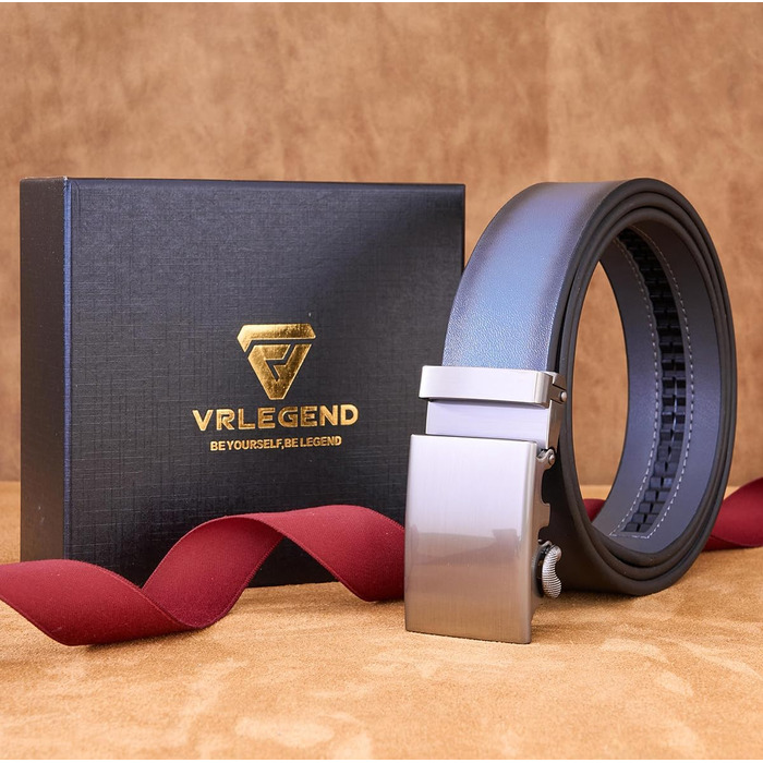 Чоловічий шкіряний ремінь VRLEGEND з автоматичною застібкою (ратинг) без дірок для ділового костюма, розмір регулюється, з подарунковою коробкою, сірий