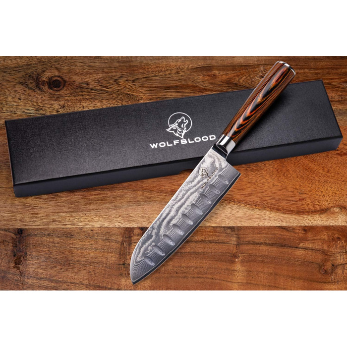 Професійний кухонний ніж Santoku Wolfblood XL 30 см з 67-шарової дамаської сталі, дерев'яна ручка, подарункова коробка та чохол для леза