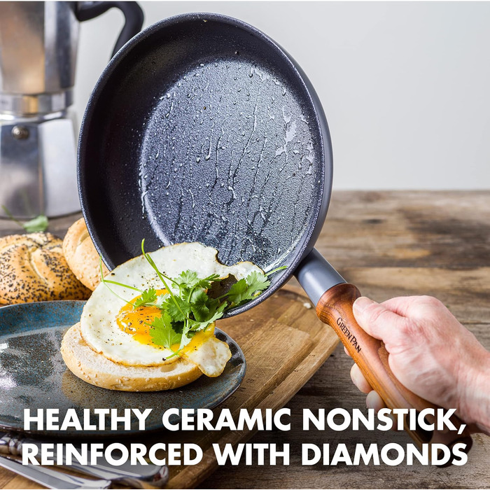 GreenPan Mayflower Pro Harteloxierte Healthy Ceramic Non-Stick, 9-Piece Cookware Set, with Frying Pan, Saucepan, Sauté Pan & Utensils, Vintage Wood Handle, PFAS-Free, Induction-Compatible, Charcoal Gray Cookware Set 9-Piece