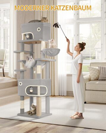 Когтеточка для котів Hzuaneri XXL (203 см) з великою платформою, 2 печери, 7 стовпчиків, помпонами, лежаками та гамаком. Підходить для всіх порід котів. MS20318YL (Світло-сірий)