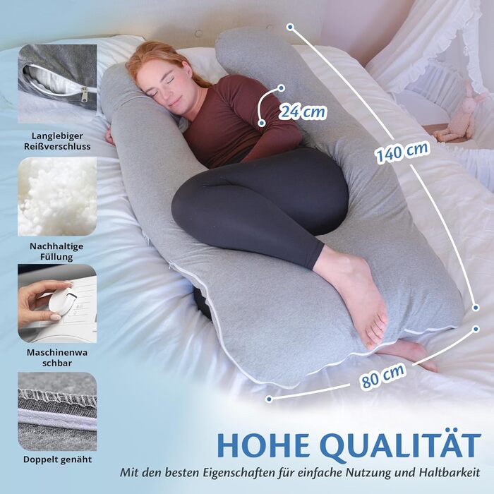 Вагітне подушка Ella, U-подібна подушка для сну на боці, U-подушка, подушка для годування з бавовняним чохлом, подушка для тіла та підтримки для жінок, для сну на боці - 140 x 80 см, сіра U, бавовна