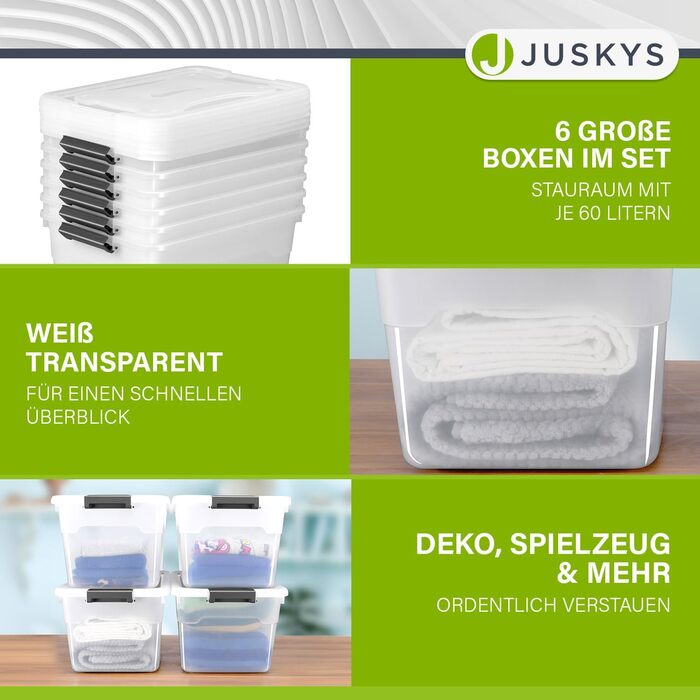 JUSKYS Storage Box with Lid - Set of 4 Plastic Boxes, 45L - Large Box, Stackable, Transparent - Storage System, Storage Boxes (Set of 6 - 60 Liters)