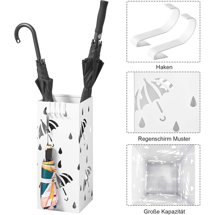 WOLTU Iron Umbrella Stand with Water Tray - 20x20x49cm - 4 Hook Design