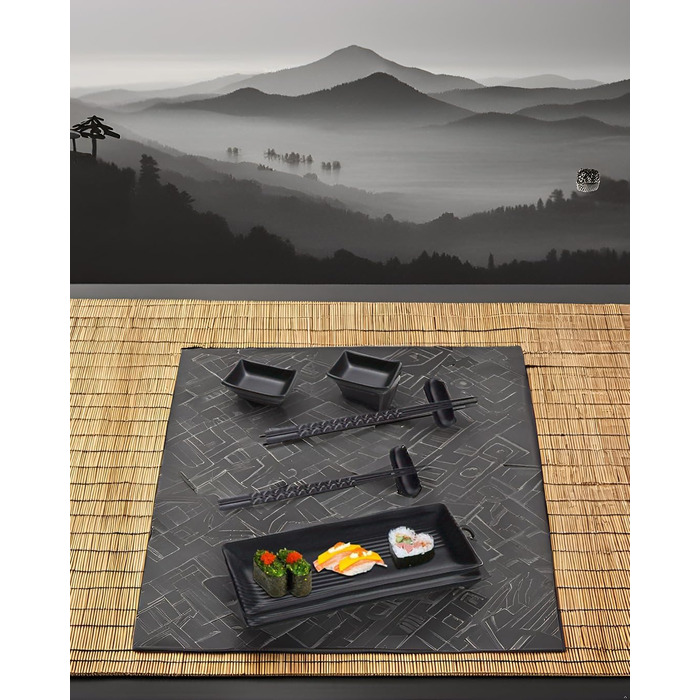 Набір для суші: 2 тарілки, 2 миски для соусу, 2 пари паличок та підставки, чорний