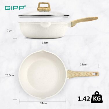 Сковорода з високим бортиком GiPP 24 см з кришкою, антипригарне покриття, 2.5 л, кераміка, для всіх типів плит, біла