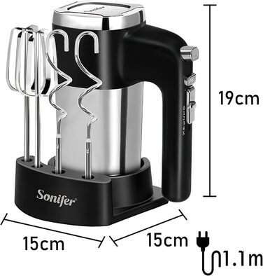 Ручний міксер Sonifer 500W з нержавіючої сталі, 5 швидкостей + турбо, знімні насадки, миється в посудомийній машині