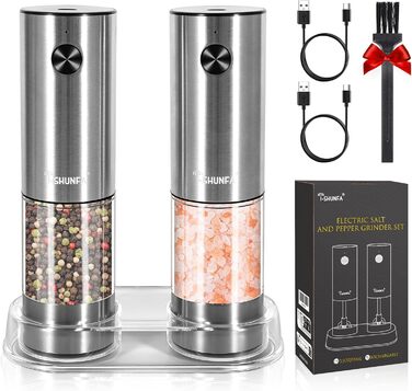 Електричні млини для солі та перцю з підставкою, USB-зарядка, LED-підсвічування, керамічний механізм, 2 шт, 95 мл, регульований помел, мийні, з щіточкою