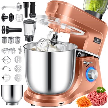 Кухонна машина 3в1 KESSER з м'ясорубкою та міксером, 1500Вт, чаша 5.5л, 6 швидкостей, набір насадок (гак, вінчик, міксер, тертка), мідний колір