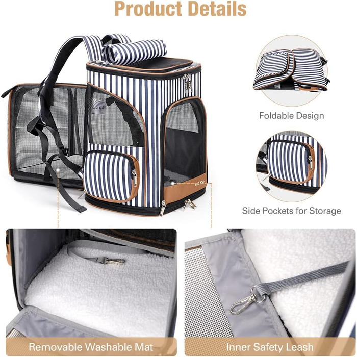 Розширюваний рюкзак для кота та собаки Lekesky, великий для маленьких котів та собак, складаний рюкзак-переноска, L (XL 36 x 31 x 42 см), в смугастих кольорах