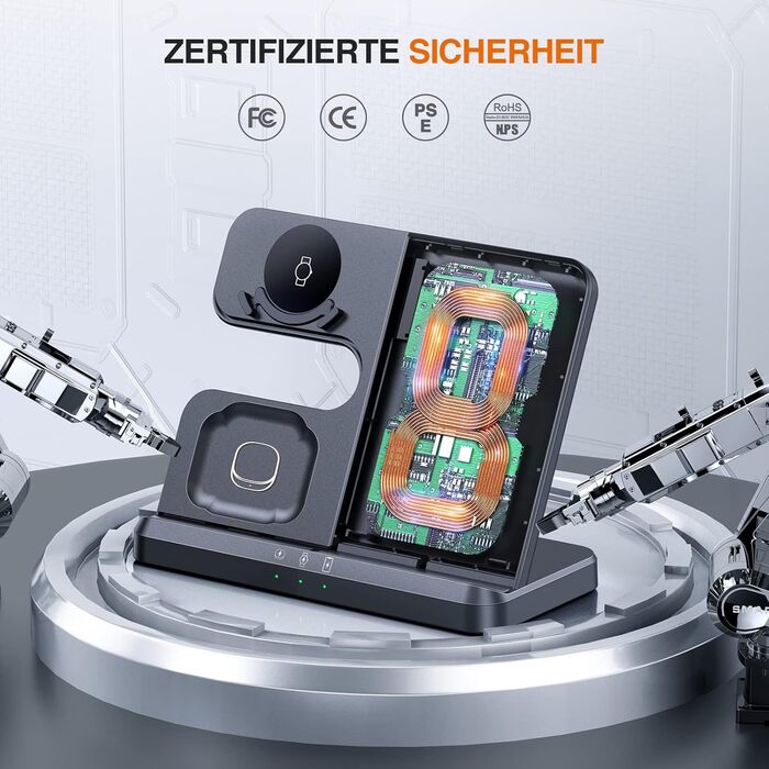 Бездротова зарядка 3-в-1 для Samsung Galaxy: годинники, смартфони, навушники. Сумісна з Galaxy Watch 8/7/6/5/5 Pro, S26 Ultra, S25, S24, S23, S22, Z Flip, Z Fold. Чорний колір, без адаптера.