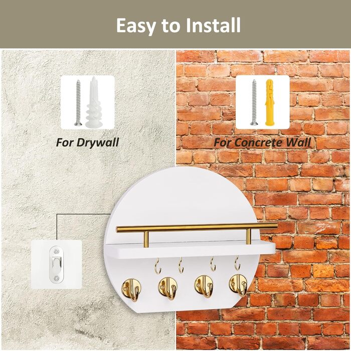 Настінна вішалка для ключів Nekon з полицею та 8 гачками, 24.8 см, декор для дому (Білий/Золотий)