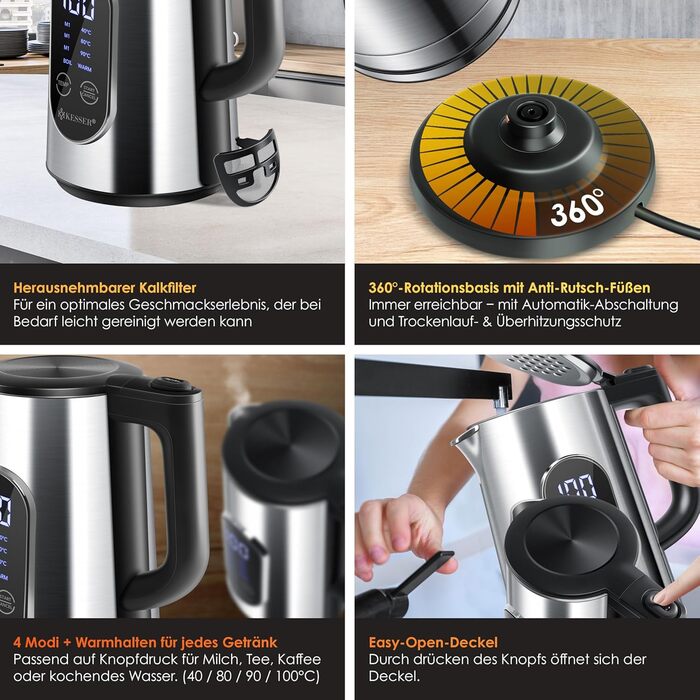 KESSER® Stainless Steel Kettle 1.7 Liter | LED Display | 4-Mode Temperature Setting 40°C-100°C | 30-Minute Keep Warm | Electric Tea Kettle 2200W BPA-Free | Scale Filter & Easy-Open Lid, (Silver)
