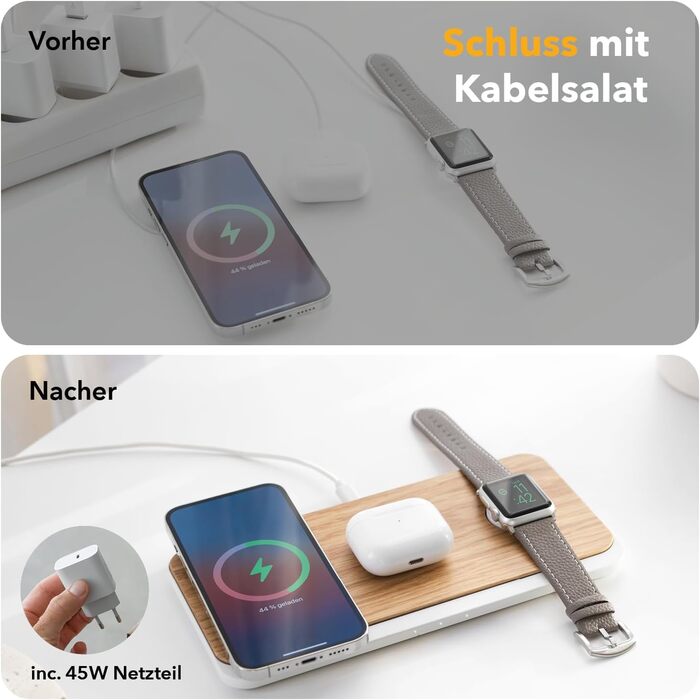 Woodcessories Multibase Pro: Бездротова зарядка 3-в-1 для iPhone, Apple Watch, AirPods з адаптером 45W (Дуб)