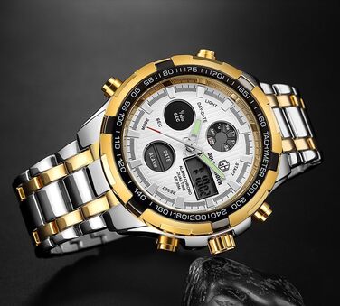Чоловічий годинник-хронограф з нержавіючої сталі, водонепроникний, з датою та будильником, аналогово-цифровий дисплей (золотий колір)