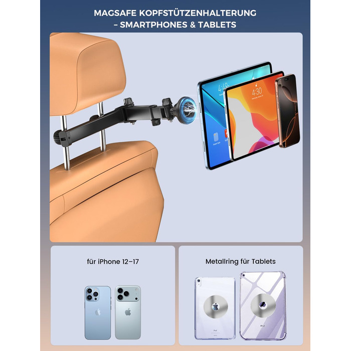 Автотримач для планшета OHLPRO: магнітний, регульований (48см), універсальний для iPad, смартфонів, Switch. З металевими кільцями