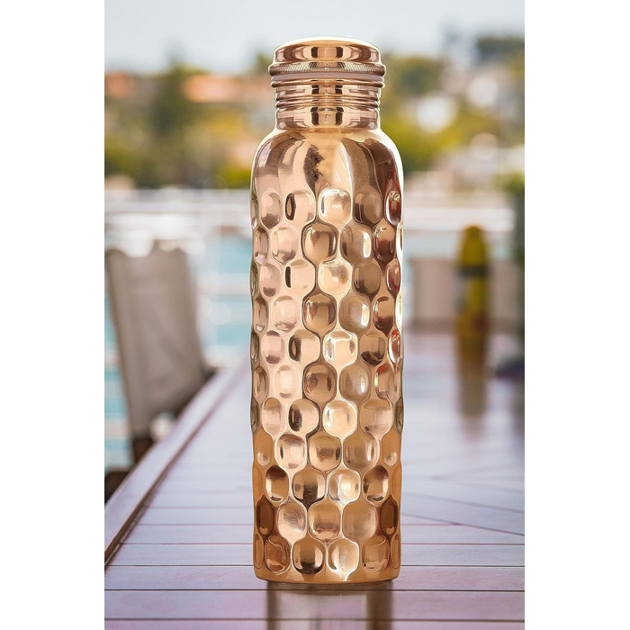 Copper water bottle with diamond cut design, leak-proof, Ayurvedic drinking vessel, copper flask for sports, gym, outdoor activities, yoga