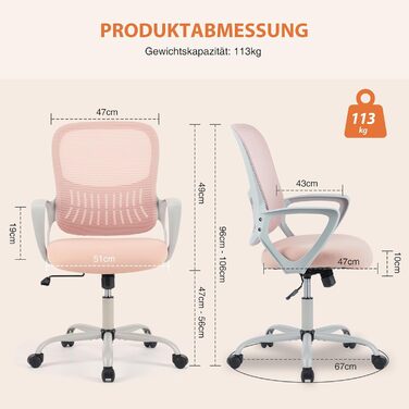 Ергономічне крісло Sweetcrispy для офісу та дому, з підтримкою попереку, регулюванням висоти та підлокітниками (рожевий)