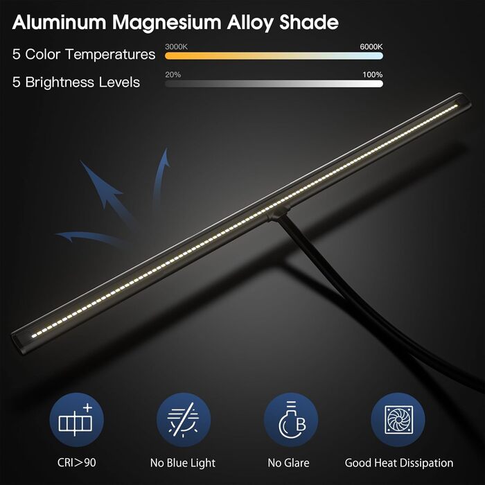 LED лампа настільна EYOCEAN 24W, 80 см, з керуванням жестами, регульоване денне світло, захист очей, для офісу, читання, архітекторів, дизайнерів, матовий чорний