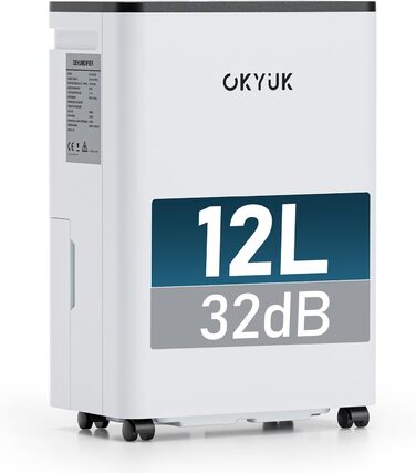 Електричний осушувач повітря OKYUK 12L з цифровим дисплеєм, для дому 40м², з автовимкненням, для RV, ванної кімнати, підвалу (білий)