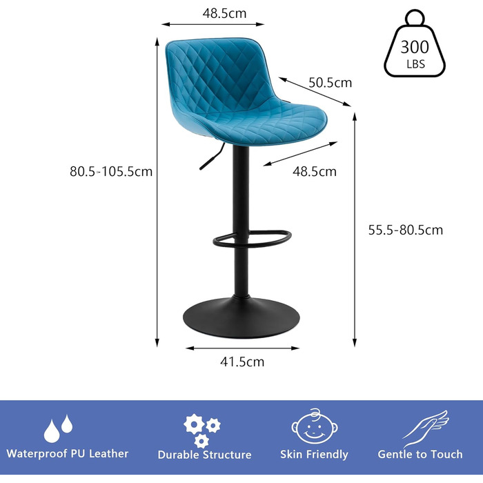 YOUNIKE Set of 2 Adjustable Bar Stools with Backrest - Modern Kitchen Counter Stools with PU Leather Upholstery, Swivel Metal Bar Chairs for Kitchen Counter/Island (Blue)