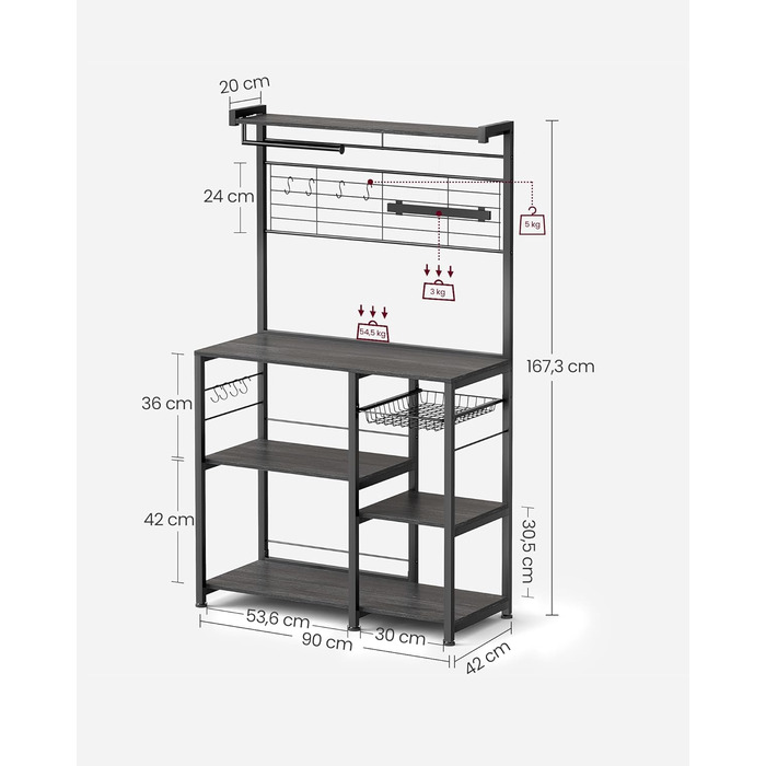 Стелаж кухонний VASAGLE KKS026B01, підлоговий, з магнітною смугою для ножів, кошиком, тримачем для рушників, 12 гачків, вінтажний коричневий-чорний