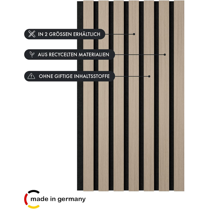 Акустична панель Momento з натурального дуба 240x50 см, 3D ламелі для шумоізоляції стін, колір дуб натуральний, чорний фліс (Made in Germany)