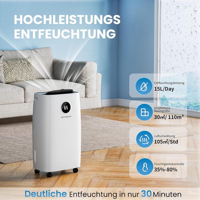 Електричний осушувач повітря 25л/день, 50㎡, з керуванням через додаток та сенсорною панеллю, для підвалу, бак 3,7л, зливний шланг, 47дБ, таймер 24г, дитячий замок, гарантія 3 роки (15л/день)