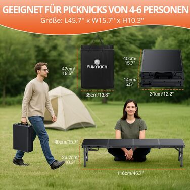 Складний кемпінговий стіл FUNYKICH 116x40x26 см, алюмінієвий, з MDF стільницею, чорний - для пікніка, пляжу, балкону
