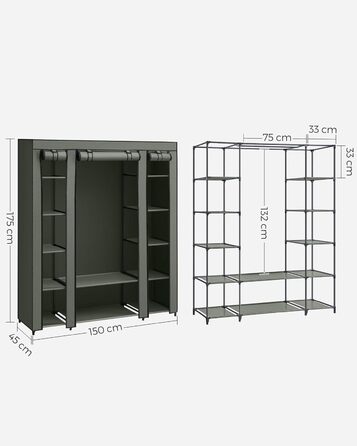 SONGMICS Wardrobe, Clothes Closet, with Clothes Rail and Shelves, Fabric Cover, for Bedroom, Dressing Room, 150 x 45 x 175 cm, LSF03H (Light Beige)