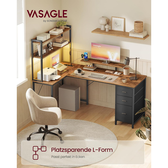 Ігровий стіл VASAGLE L-подібний з LED-підсвіткою та розетками, 140x100x150 см (Вінтажний коричневий + Чорний)