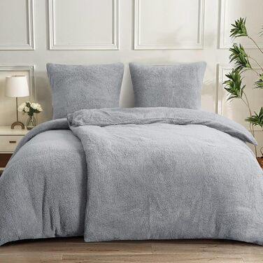 Aisbo Warm Bedding 135x200 4-Piece - Fluffy Teddy Fleece Winter Bedding 135 x 200, Plush Bedding Sets 135x200cm Duvet Cover with Zipper Closure Winter Grey