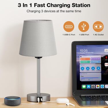 Настільна лампа Kakanuo з торшером, 2 шт. з USB-портами та диммуванням, для спальні, вітальні, дитячої кімнати, офісу (сірий)