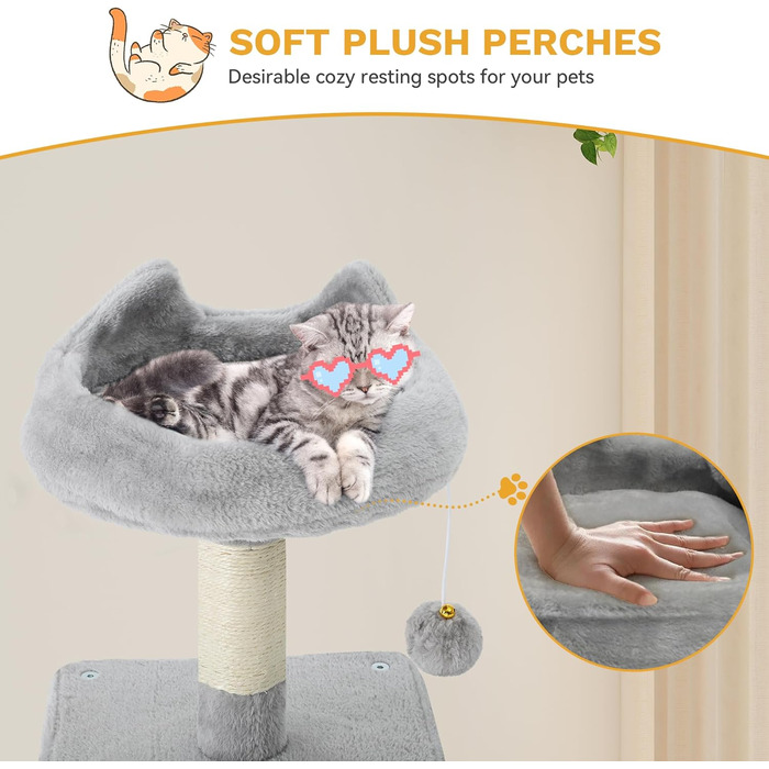 Кігтеточка YITAHOME XL, 137 см, з 2 сизалевими стовпчиками, 1 платформою, 2 хованками, гамаком, плюшевими кульками, дощечкою для заточування кігтів, котячий комплекс, сірий 45 x 45 x 137 см