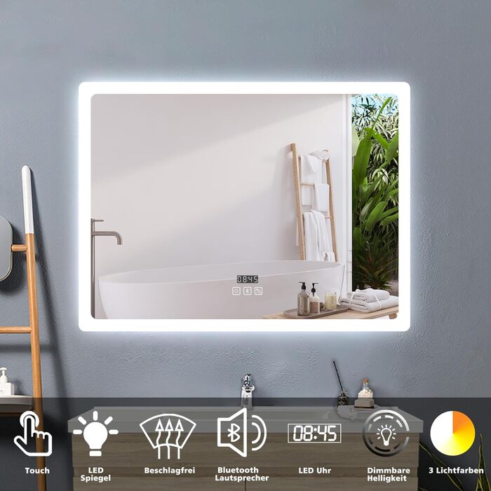 Дзеркало для ванної кімнати з підсвічуванням, 3 кольори, регулювання яскравості, пам'ять, 70x50 см, LED, сенсорне покриття проти запотівання, енергозберігаюче, настінне дзеркало з Bluetooth та годинником