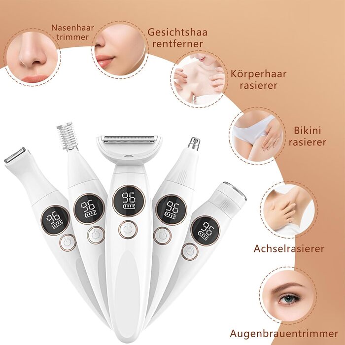 Електричний жіночий тример Lightbiz 5-в-1 для тіла та обличчя, водонепроникний (IPX7), USB-зарядка, білий