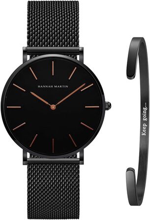 Жіночий годинник на аналоговому кварцовому механізмі з нержавіючої сталі, водонепроникний, з сітчатим ремінком, ультратонкий комплект з браслетом (чорний корпус, чорний ремінь, чорний браслет)