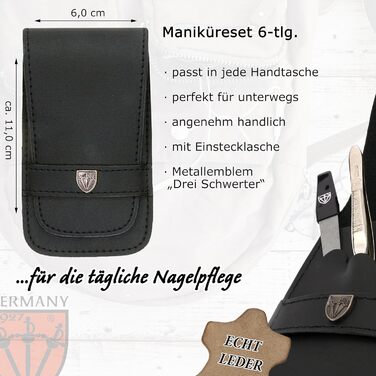 Набір манікюру DREI SCHWERTER 'Anzio III' 5 предметів | Набір для догляду за нігтями в шкіряному етою (чорний) | Ніж для нігтів, щипці, пінцет, алмазна пилка, засіб для очищення нігтів