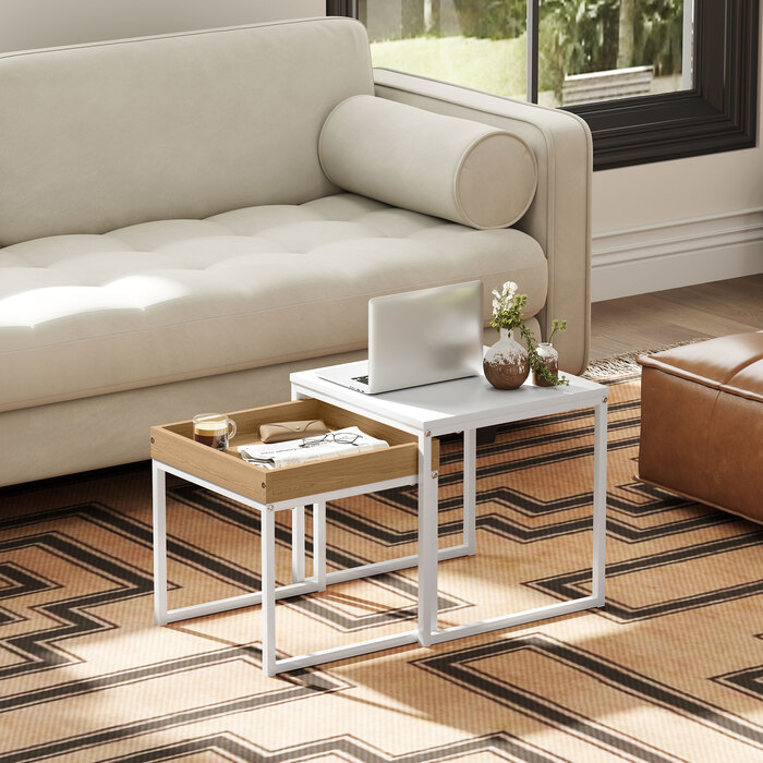 HOMCOM 2-Piece Couch Table Set, Square Side Table, Coffee Table with Steel Frame, Sofa Table in Modern Design, for Living Room, Holds up to 30 kg, White+Oak | Aosom