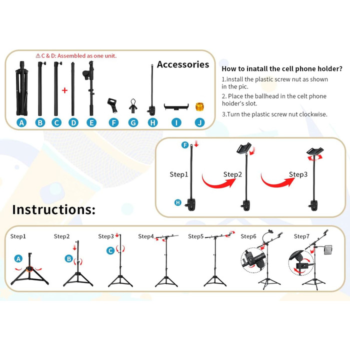 Підставка для мікрофона GUITTO з двома тримачами для смартфона/планшета, регульований кріплення, важка основа, для стрімінгу, подкастів, запису та живих виступів (GMS-04)