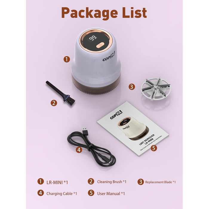 Електричний видалення ворсу для одягу та меблів COPPA, 6 лез, 3 швидкості, перезаряджається, з індикатором заряду, фіолетовий