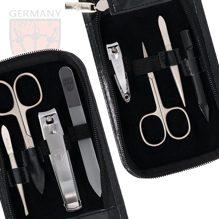 Набір для догляду за нігтями DREI SCHWERTER 'Novara' - 8 предметів. Чорний кейс з штучної шкіри. Містить: ножиці для нігтів, стекляна пилка, ножиці для кутикули, пінцет, кусачки для нігтів та інше. Чорний, матові інструменти