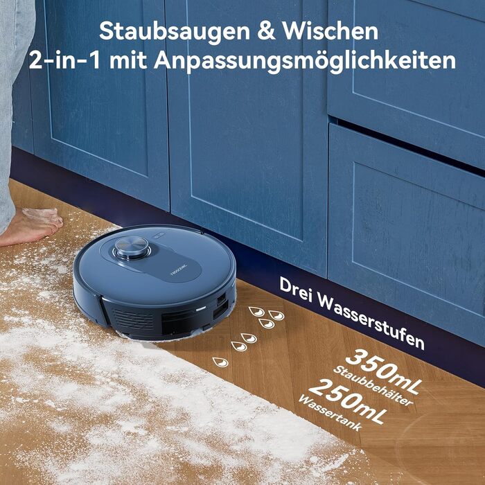 Робот-пилосос Proscenic Q10 з функцією миття підлоги, 8000Pa, 200 хвилин роботи, лазерна навігація, керування через додаток, Siri, Alexa, Apple Watch, для підлоги та килимів (блакитний)