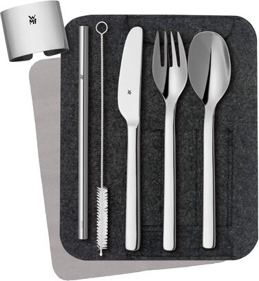 WMF my2Go Stainless Steel Cutlery Set, 8-Piece, Outdoor Travel Cutlery Set for 1 Person, Camping Cutlery with Case, Hiking Cutlery Environmentally Friendly, Straw, Cleaning Brush, Camping Accessories Gift