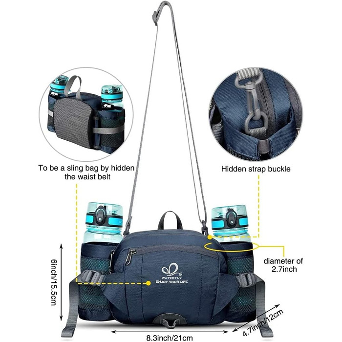 Водонепроникна поясна сумка Waterfly з відділенням для пляшки, регульованим ременем, кишенею для телефону, для хандрінігу, піших прогулянок, подорожей та кемпінгу (Темно-синій)