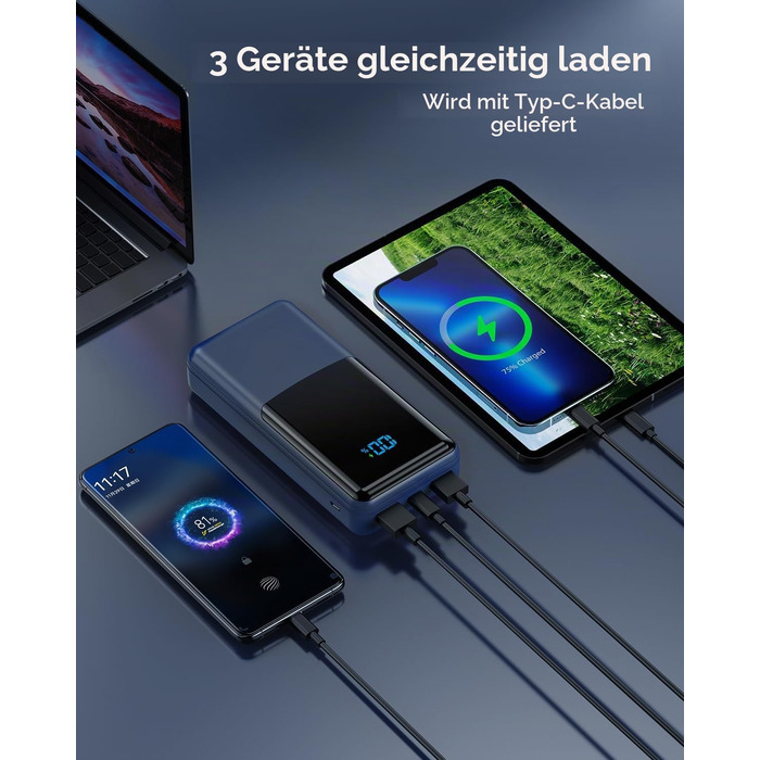 Повербанк 27000mAh з швидкою зарядкою USB-C PD 20W, зовнішній акумулятор для iPhone та Samsung з LED-дисплеєм, 2 входи та 3 виходи, чорний
