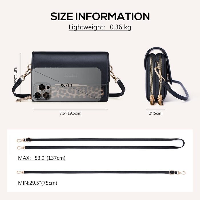 Сумка Roulens Klein через плече для жінок, екошкіра, чорно-леопардовий принт. Невелика крос-боді сумка для телефону, документів та карт. Регульований ремінець.